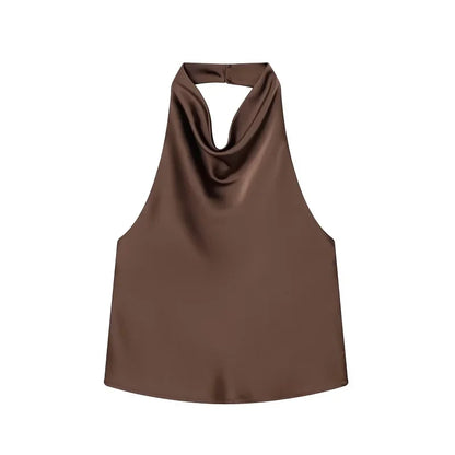 Women's Satin Halter Backless Camisole Top – Off Shoulder Summer Beach Tank Blouse
