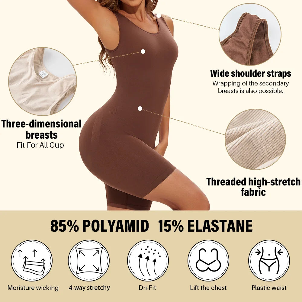 POKARLA Sexy Full Coverage Bodysuit – Seamless Thigh Slimming Wide Shoulder Shapewear Jumpsuit