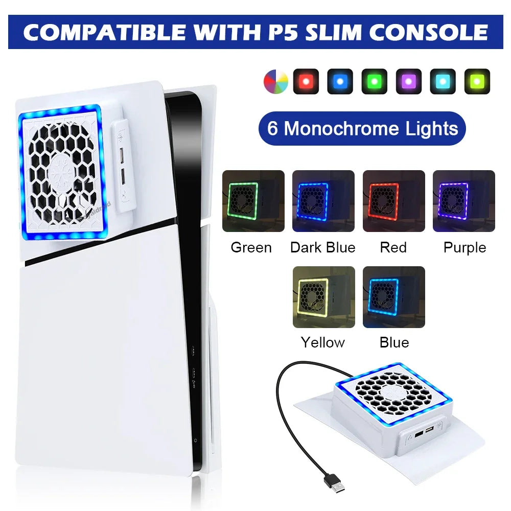 NEW Side-Mounted Cooling Fan for PS5 Slim – LED Light & 2 USB Ports Game Console Cooler Accessory