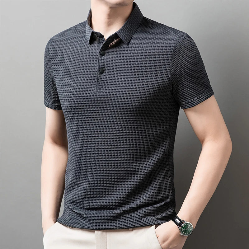 Men’s Business Casual Short Sleeve Polo — Solid Color Floral Summer Shirt, Breathable & Comfortable