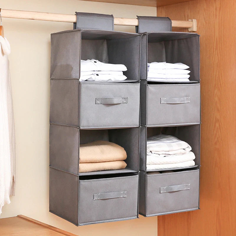 Cotton Linen Hanging Storage Bag with Drawers — Collapsible Wardrobe Organizer Box and Clothes Holder Shelves