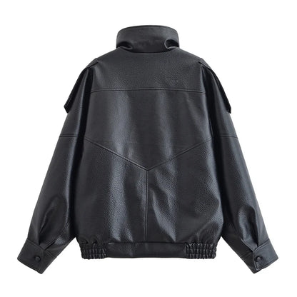 Women's Faux Leather Motorcycle Jacket - 2026 Autumn Black Long Sleeve Fashion Outerwear