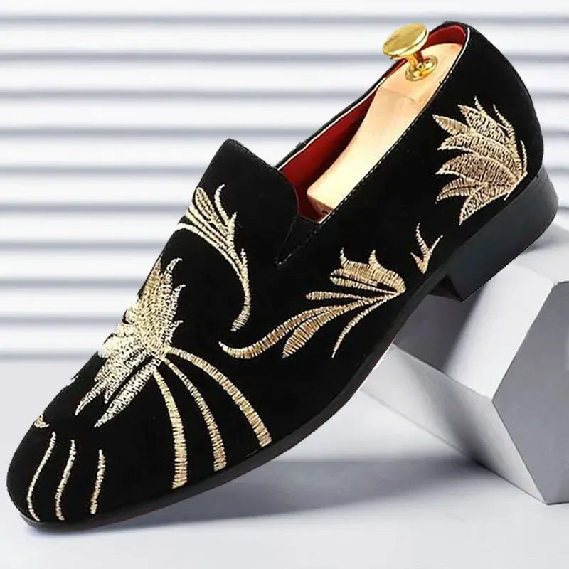 Men's Suede Leather Loafers - Luxury Embroidered Moccasins for Party & Wedding