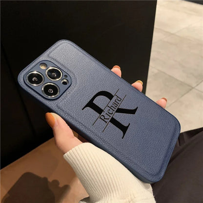 Personalized Custom Initials iPhone Case for 16/15/14/13/12/11 Pro Max Plus – Big Letter Laser Engraved Leather Cover