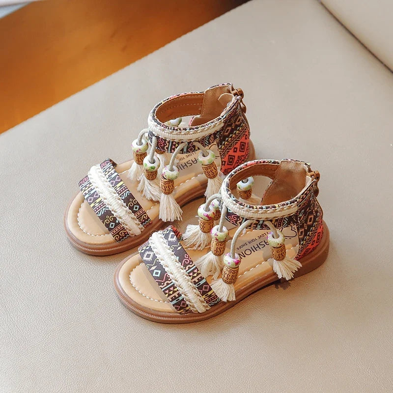 Girls Tassel Gladiator Sandals - Retro Ethnic Summer Shoes with Back Zipper for Kids