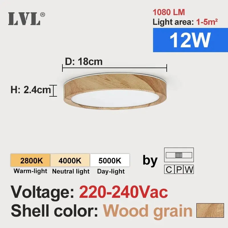 LVL LED Ceiling Light – 3-in-1 Wood Grain & White Round Flush Lamp for Kitchen, Bedroom & Bathroom