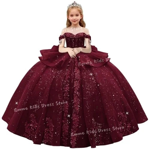 Lace Flower Girl Dress - 3D Floral Appliqué, Beading & Long Bow Ball Gown