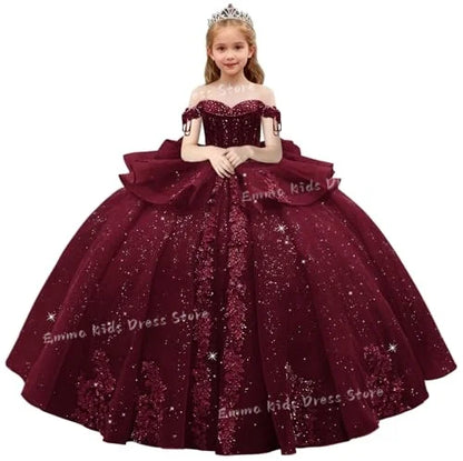 Lace Flower Girl Dress - 3D Floral Appliqué, Beading & Long Bow Ball Gown