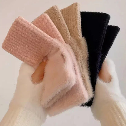 Stay Cozy in Luxury: Women's Mink Fleece Half Finger Gloves - Soft Winter Warmth in Solid White, Plush Knitted Fingerless Design for Comfort