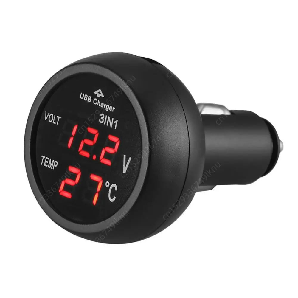 3-in-1 Car Charger & Voltmeter – 12/24V USB Charger with Thermometer, LED Digital Display & Current/Volt Detector