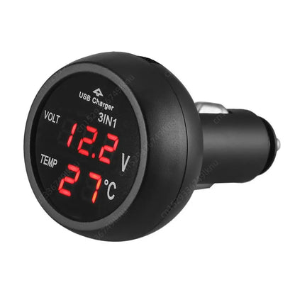 3-in-1 Car Charger & Voltmeter – 12/24V USB Charger with Thermometer, LED Digital Display & Current/Volt Detector