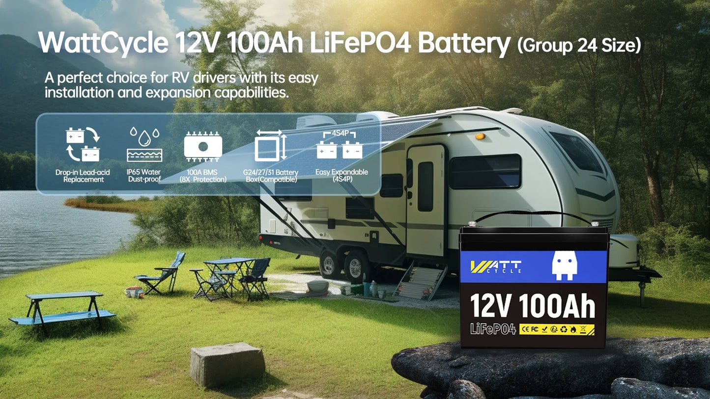 Wattcycle 12V 100Ah LiFePO4 Battery Pack – Grade A Rechargeable Lithium Iron Phosphate for Home & Outdoor Energy Storage