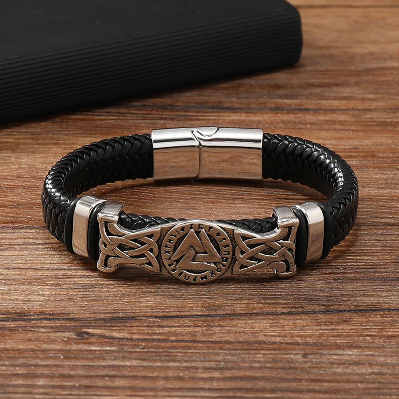 Vintage Viking Woven Leather Bracelet – Nordic Celtic Knot Valknut Symbol, Magnetic Bangle for Men