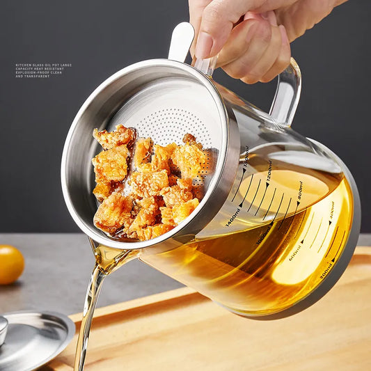 GIANXI Glass Oil Filter Pot Container - 1.5L/1L Oil Separator with Fine Mesh Strainer - Kitchen Storage Gadget for Easy Cooking