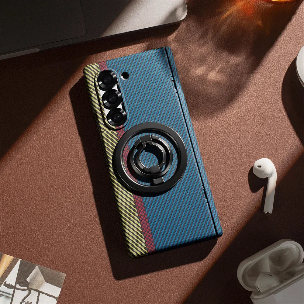 Carbon Fiber Magnetic Phone Case - Slim Shockproof Cover with Ring Holder Kickstand for Samsung Galaxy Z Fold 7/6/5/4/3 5G