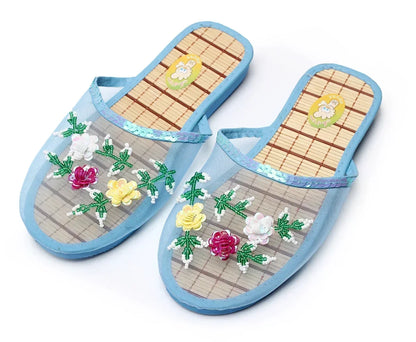Women’s Sequin Mesh Indoor Slippers – Summer Hollow Flat Beach Flip Flops with Creative Flower Design