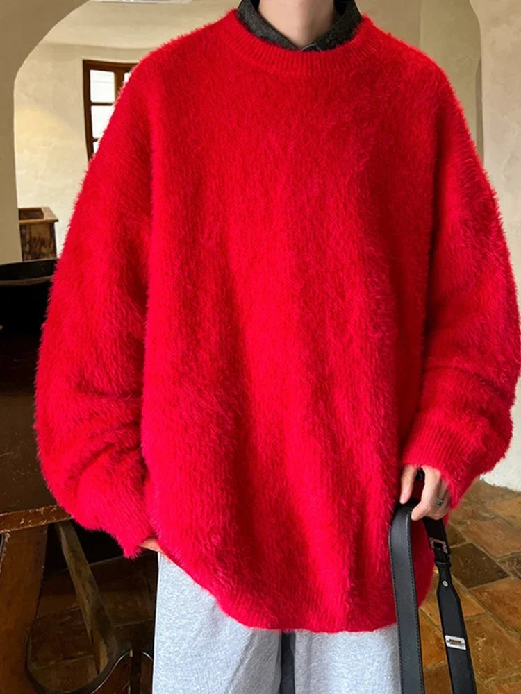 Men's Autumn Fluffy Knit Sweater - Loose Warm Korean Style Y2K Vintage Winter Pullover