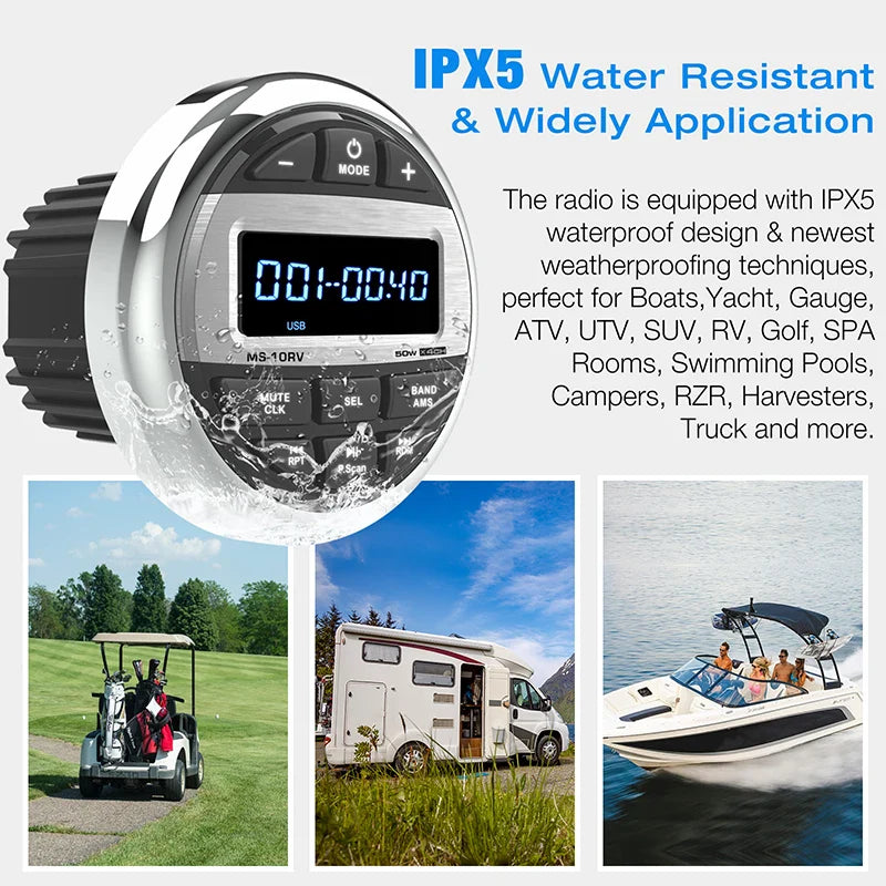 Boat Radio Media Player – Waterproof Marine Stereo MP3 Bluetooth Audio, FM/AM Receiver for Harvesters, ATV, UTV, SPA, RZR