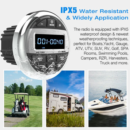 Boat Radio Media Player – Waterproof Marine Stereo MP3 Bluetooth Audio, FM/AM Receiver for Harvesters, ATV, UTV, SPA, RZR
