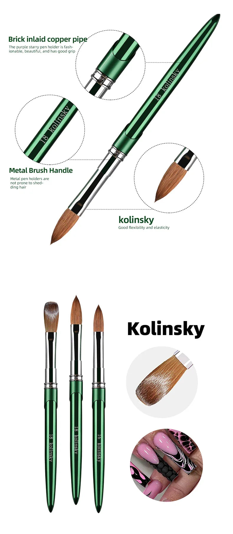 Kolinsky Acrylic Nail Brush — 100% Pure Metal Handle, Sizes 2-18 High-Quality Nail Tool