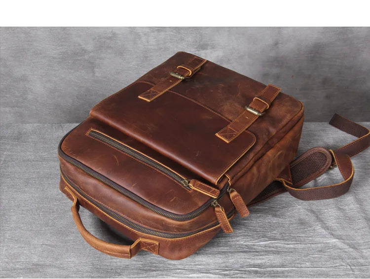 Vintage Crazy Horse Leather Backpack for Men — 17" Laptop Travel Rucksack Cowhide Hiking Bag M815