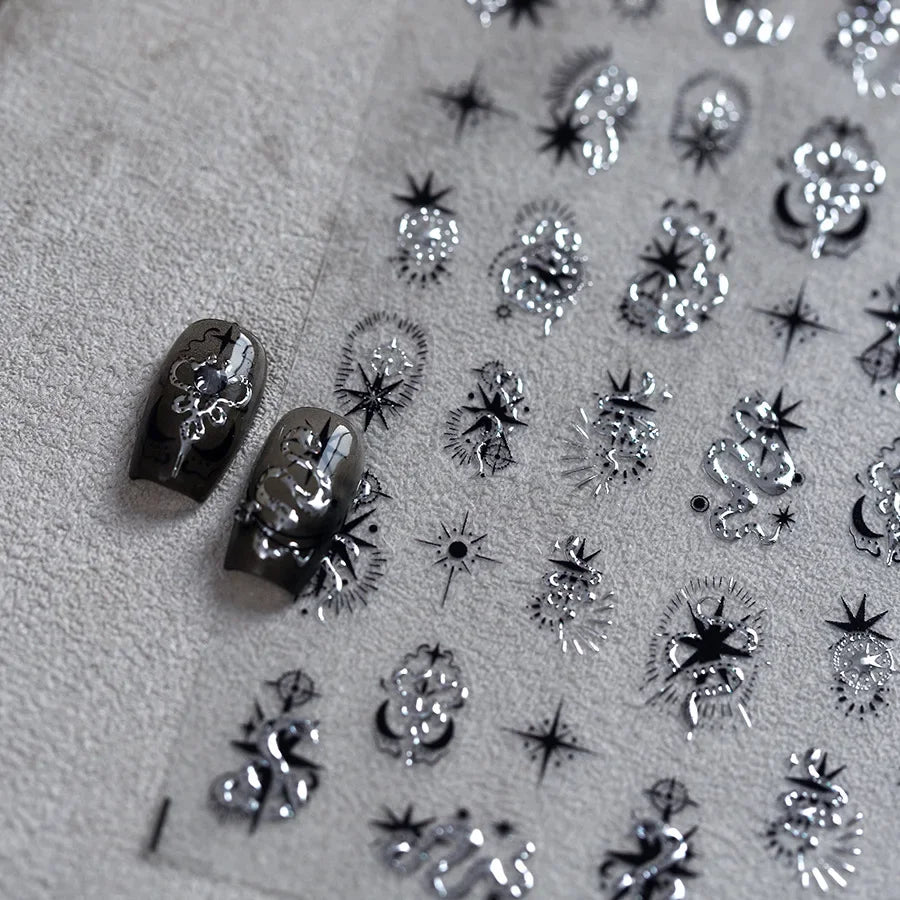 5D Gold Stamped Nail Art Stickers - Silver Sun Stars Snake Chinese Style Self-Adhesive Manicure Decals