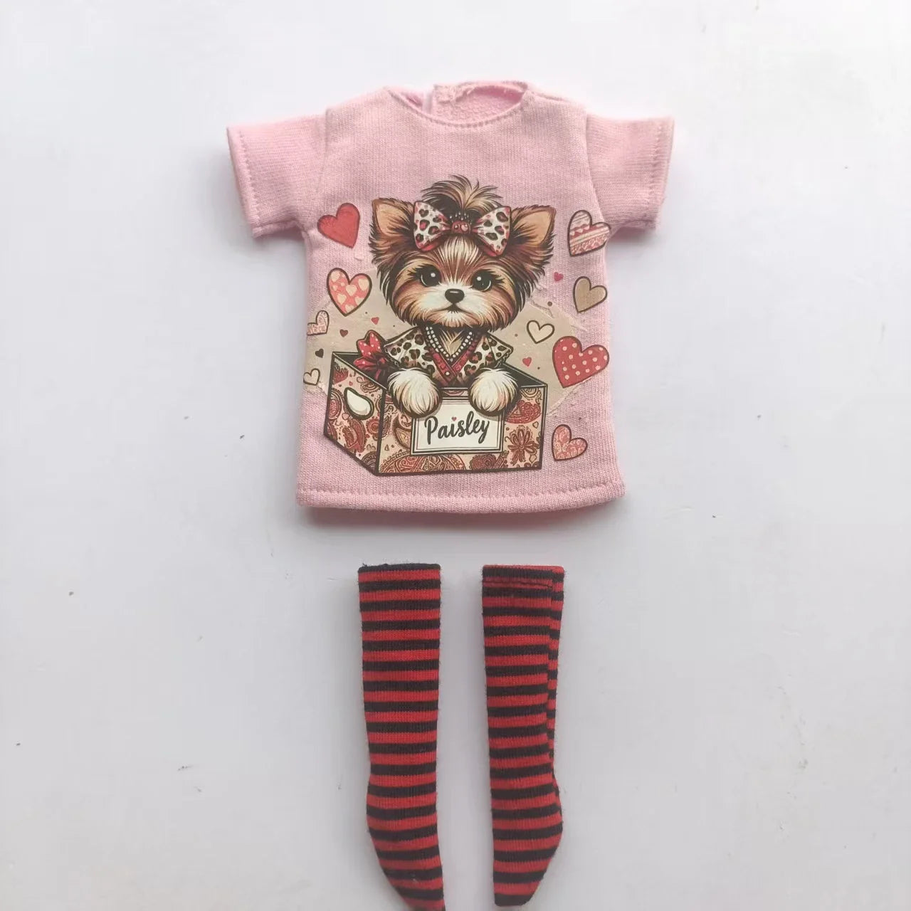 Handmade OB24 1/6 Blyth Doll Clothes – Cartoon T-Shirt with Striped Socks for 1/6 Doll Accessories