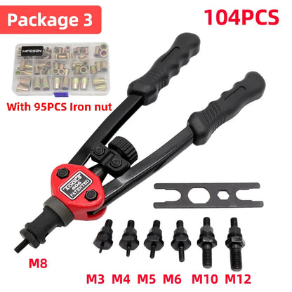 HIFESON Hand Threaded Rivet Nut Gun — Manual Riveter with 70/95/300PCS M3-M12 Nuts for Easy Installation