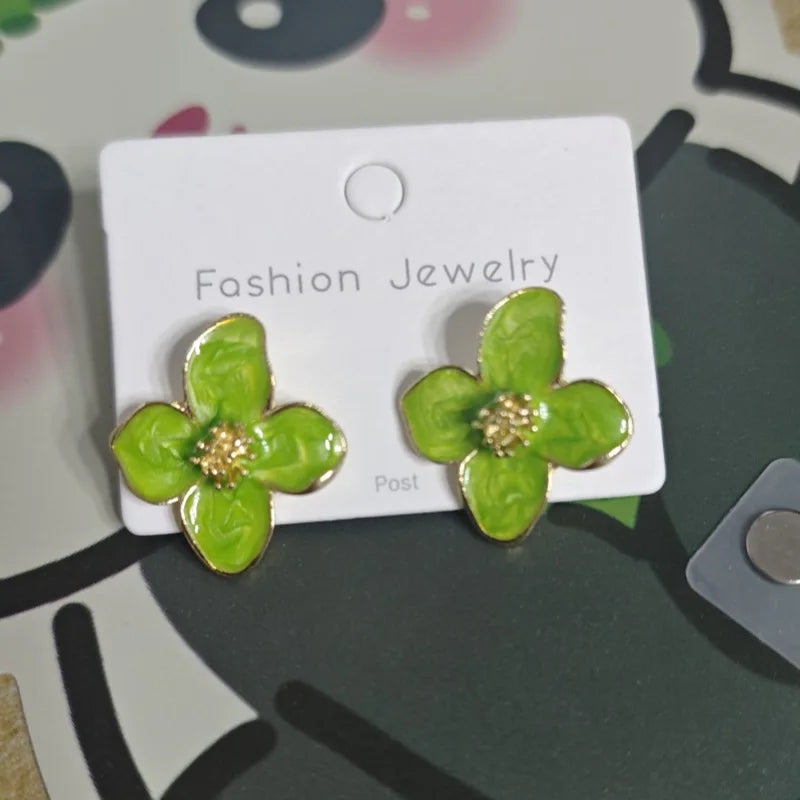 Hibiscus Flower Dropped Glaze Stud Earrings — French Vintage 2024 Fashion Jewelry for Women & Girls, Romantic Wedding Gift