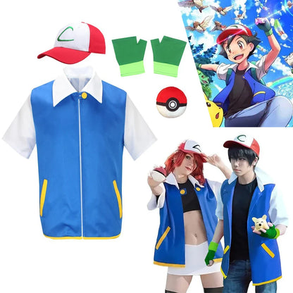 Cartoon Anime Ash Ketchum Trainer Blue Jacket Costume with Hat & Gloves for Kids Pokémon Go Cosplay Party