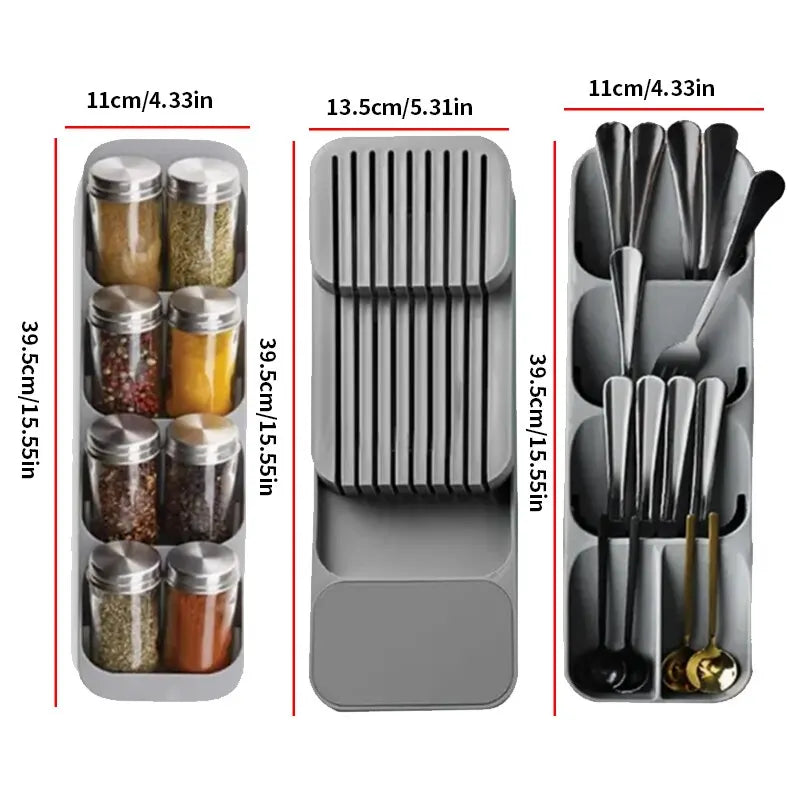 Kitchen Drawer Cutlery Organizer – Knife, Spoon & Fork Storage Tray with Spice Bottle Holder