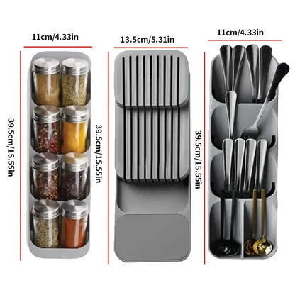 Kitchen Drawer Cutlery Organizer – Knife, Spoon & Fork Storage Tray with Spice Bottle Holder