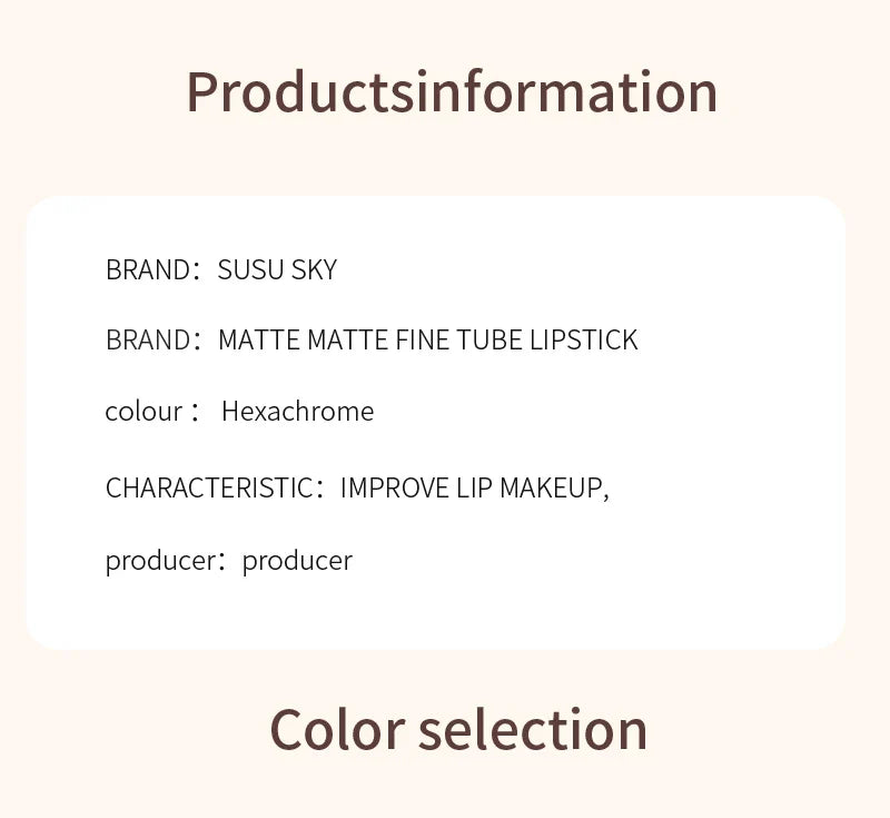 TX010 Thin Tube Matte Lipstick – Waterproof, Sweatproof, Long-Lasting Lip & Cheek Makeup