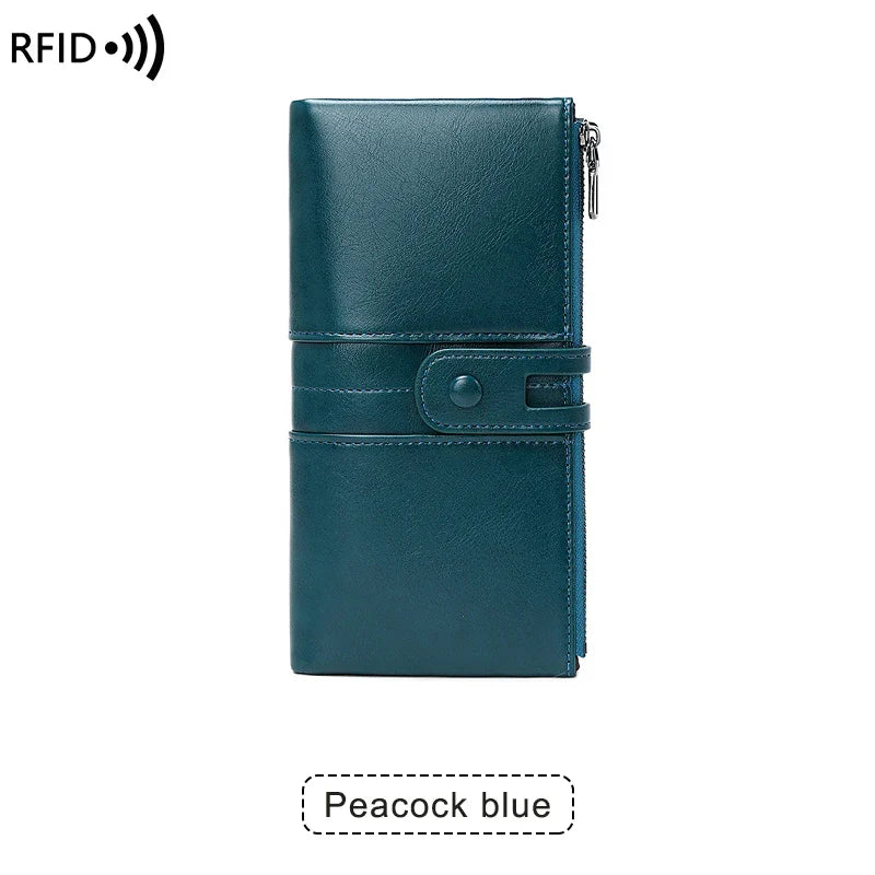 RFID Blocking Large Capacity Wallet – Soft Leather Solid Color Clutch, Multi-Functional Zipper Purse for Women & Men