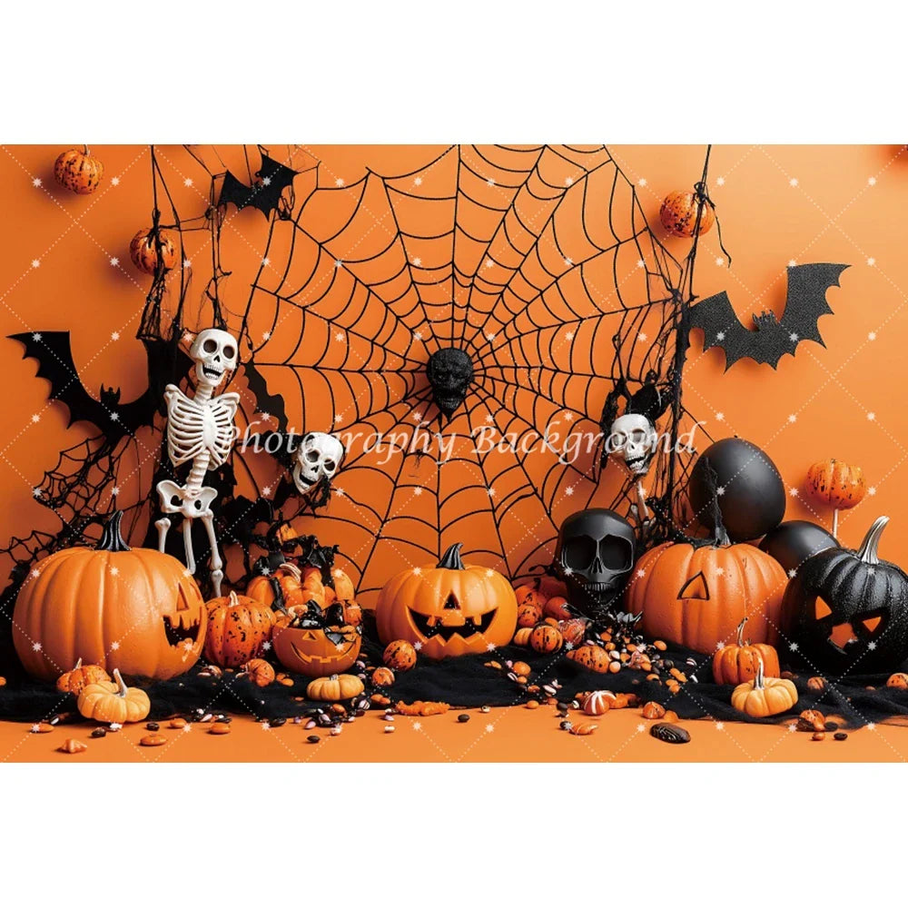 Halloween Orange Pumpkin Skull Spider Web Bat Backdrop – Spooky Photo Background Decoration