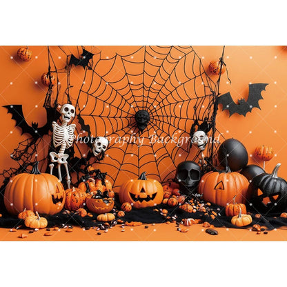 Halloween Orange Pumpkin Skull Spider Web Bat Backdrop – Spooky Photo Background Decoration