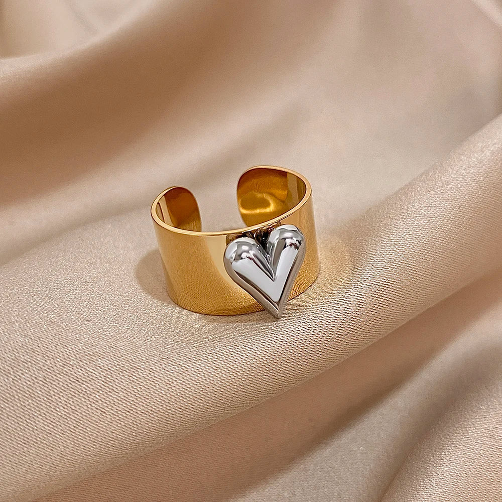 Greatera Stainless Steel Heart Cuff Ring – Wide Thick Statement Jewelry for Women & Men, European American Style