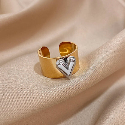Greatera Stainless Steel Heart Cuff Ring – Wide Thick Statement Jewelry for Women & Men, European American Style
