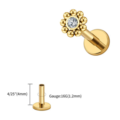 Right Grand ASTM F136 Titanium 16G Mini Beaded Sun Labret Stud CZ Flower – Tragus, Helix, Conch & Nose Piercing Body Jewelry