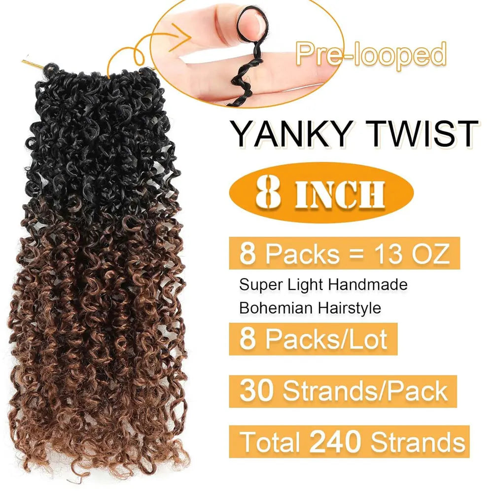 8" Yanky Twist Crochet Hair – Pre-Looped Ombre Brown Synthetic with Curly Ends, Yank Twist for Black Women