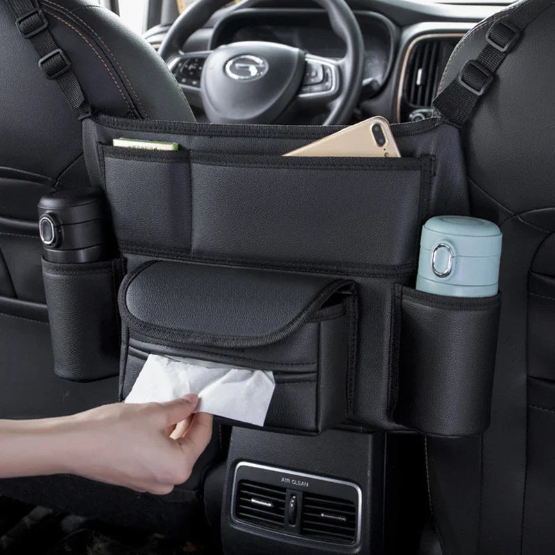 Car Seat Middle Hanger Leather Storage Bag – Multifunction Hanging Organizer with Handbag Holder, Water Cup & Tissue Pockets