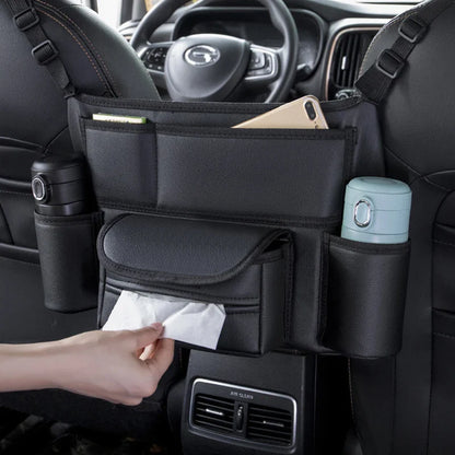 Car Seat Middle Hanger Leather Storage Bag – Multifunction Hanging Organizer with Handbag Holder, Water Cup & Tissue Pockets