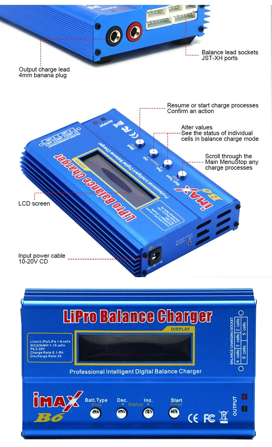 iMAX B6 80W Battery Charger – Digital Lipo, NiMh, Li-ion, Ni-Cd Balance Charger/Discharger for 1-6S RC, FPV, Airplane, Drone, Car