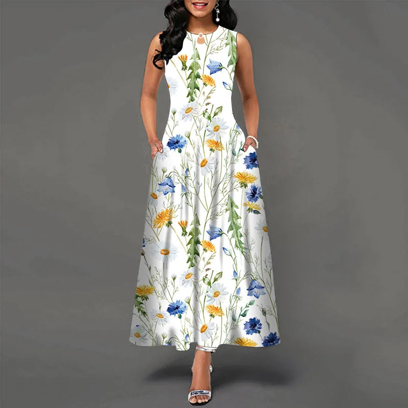 Women’s Loose Floral Vintage Maxi Dress – Ruffled Hole Summer Camis Big Size Elegant Party Dress