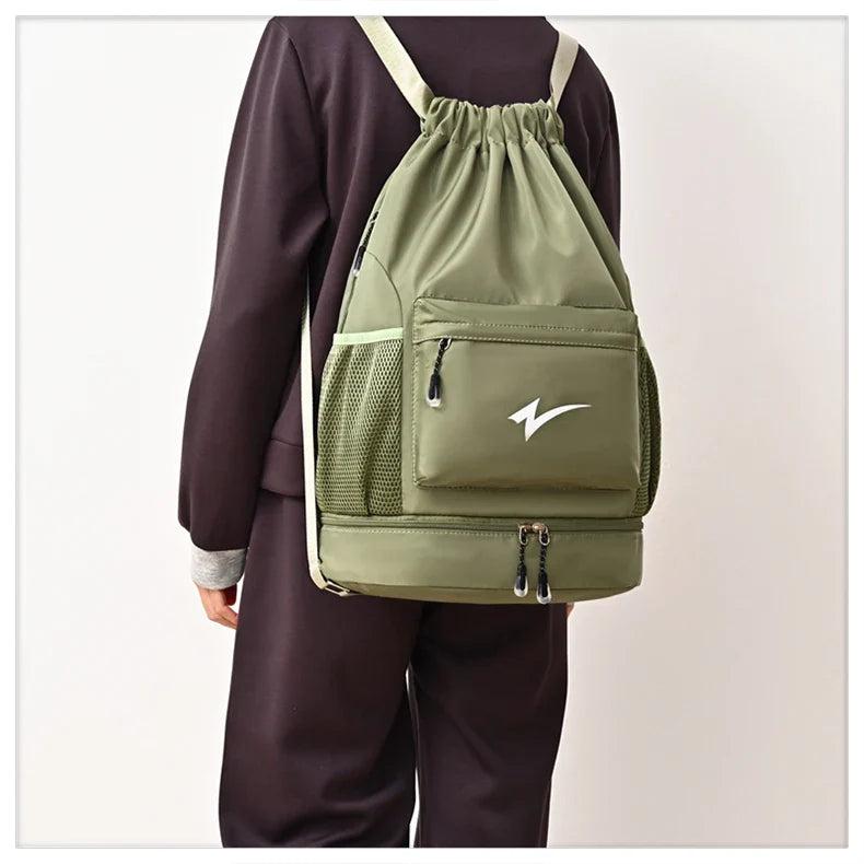 Drawstring Fitness Bag — Lightweight Multi-Pocket Gym Backpack with Separate Shoe Compartment, Foldable Outdoor Training Bag