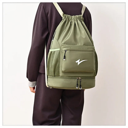Drawstring Fitness Bag — Lightweight Multi-Pocket Gym Backpack with Separate Shoe Compartment, Foldable Outdoor Training Bag