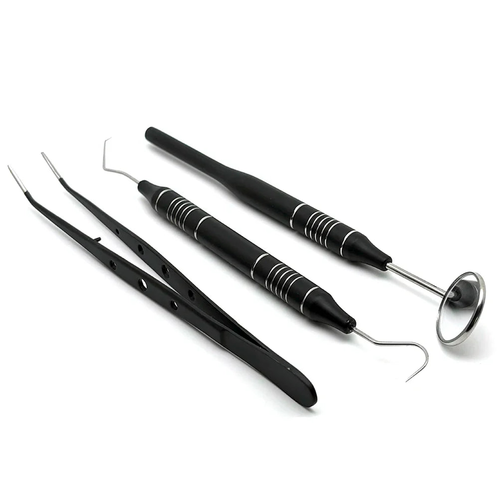 3pcs Dental Mouth Mirror Tweezers & Curved Probe Kit – Stainless Steel Oral Cleaning Instruments