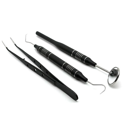 3pcs Dental Mouth Mirror Tweezers & Curved Probe Kit – Stainless Steel Oral Cleaning Instruments