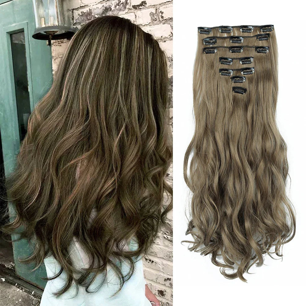 Clip-In Hair Extensions, 7-Piece Full Head 22-Inch Long Curly Wavy Synthetic Hair Extensions for Women and Girls