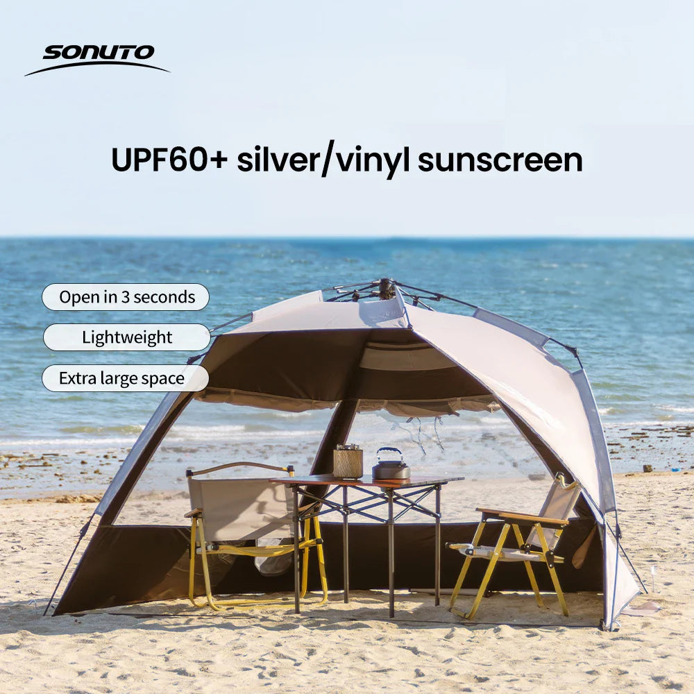 Sonuto Outdoor 3-4P One-Touch Camping Tent – Automatic Quick Open Beach, Fishing, Picnic & Family Travel Tent with Anti-UV Shade